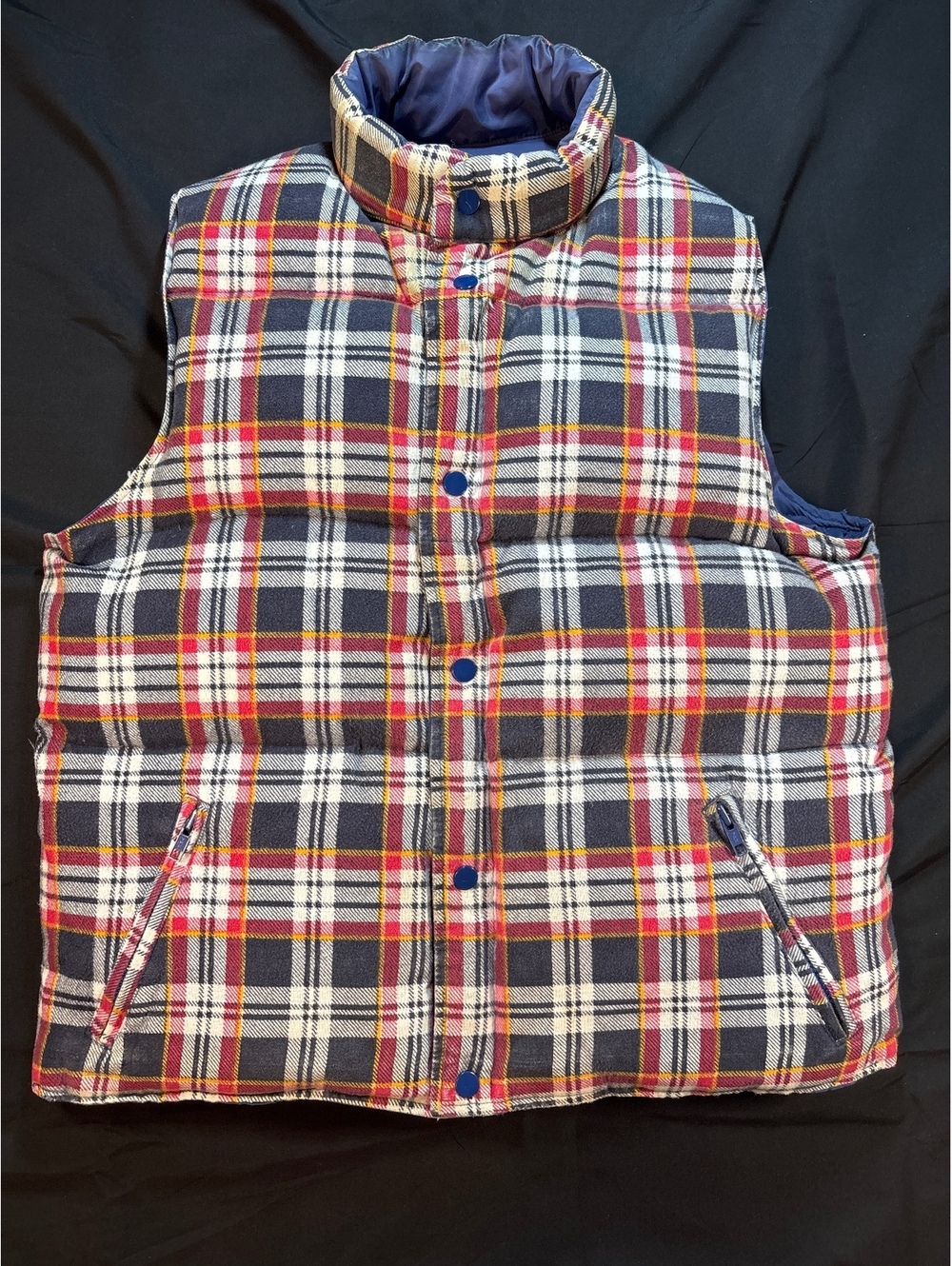Vintage 1980’s Canada North Reversible Down Puffer Vest Plaid Blue Nylon